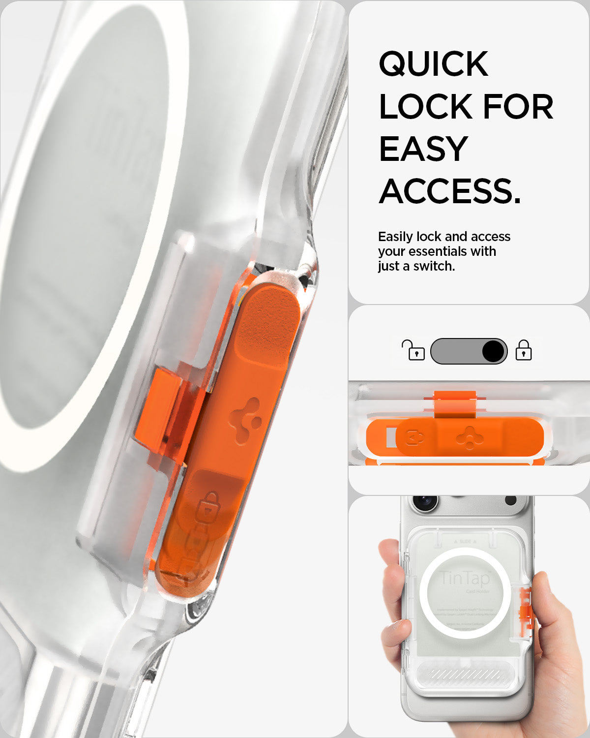 AFA07557 - MagSafe Card Holder Tintap (MagFit) in Frost Clear showing quick lock for easy access