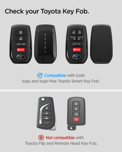 ACS11366 - Toyota Key Fob Cover | TK100 showing compatibility chart for Toyota Smart Key Fob with logo and logo-free variants and incompatible flip and remote head key fobs