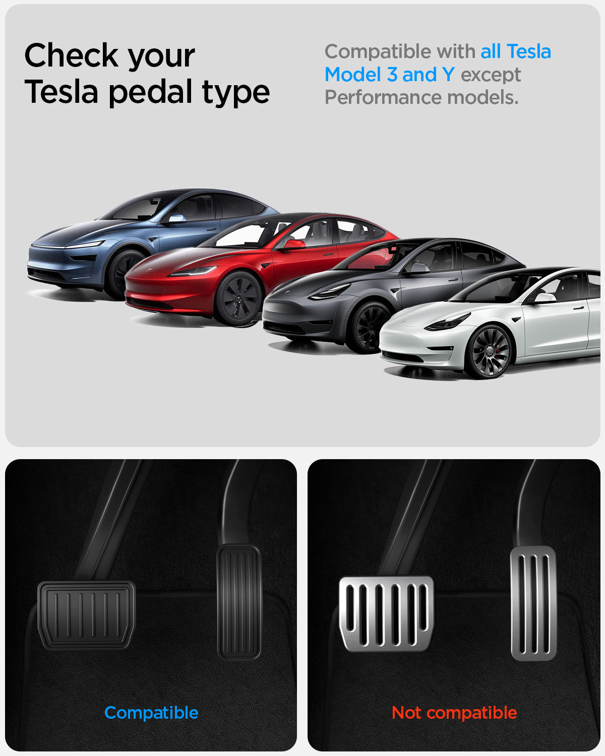 ACP04510 - Tesla Series - Pedal Cover | TO200 showing the compatibility will all Tesla Model 3 and Y except performance model