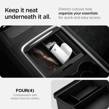 ACP04508 - Tesla Model y & 3 Center Console Organizer Tray in black showing keep it neat underneath it all