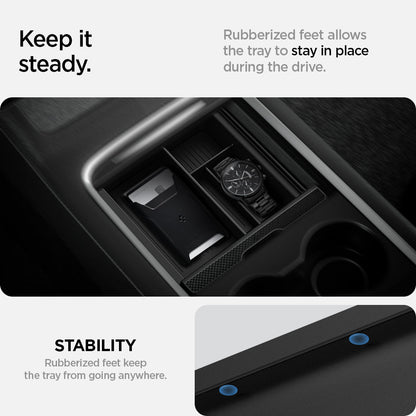 ACP04508 - Tesla Model y & 3 Center Console Organizer Tray in black showing keep it steady