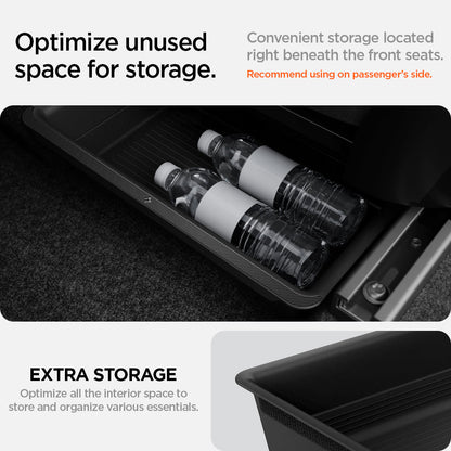 ACP05757 - Model Y (2021-2026) Underseat Storage Box | TO222 showing the optimized unused space for storage. Convenient storage located right beneath the front seats. (recommended using on passenger's side. Optimize all the interior space to store and organize various essentials
