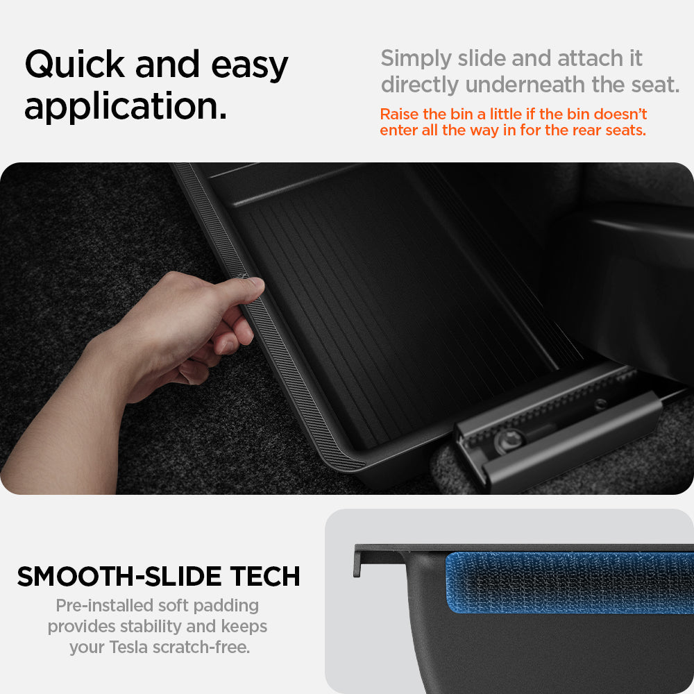ACP05757 - Model Y (2021-2026) Underseat Storage Box | TO222 showing the quick and easy application. Simply slide and attach it directly underneath the seat.(Raise the bin a little if the bin doesn't enter all the way in for the rear seats) Smooth-Slide Tech. Pre-installed soft padding provides stability and keeps your Tesla scratch-free