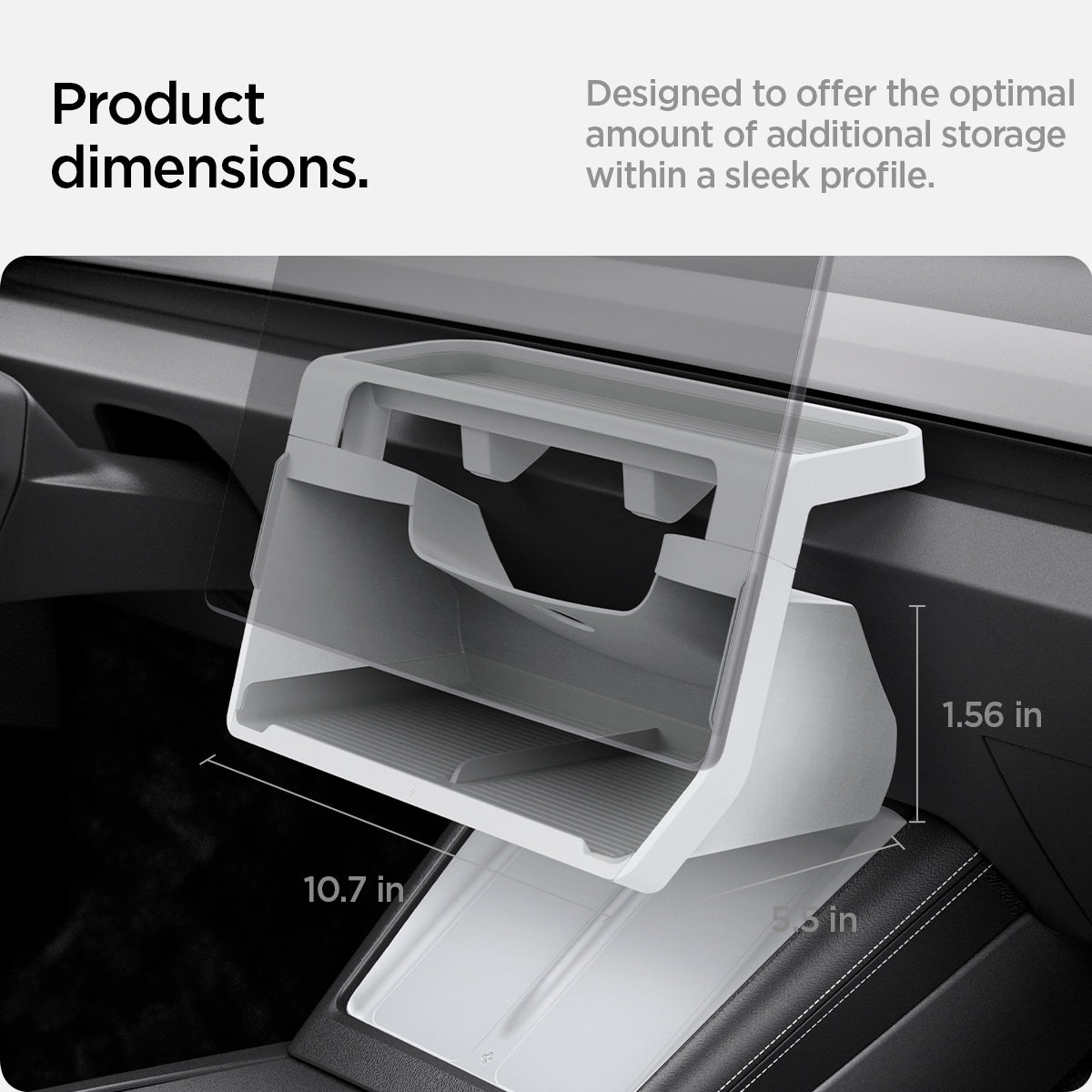 ACP11578 - Tesla Series - Under Screen Organizer | TO227H in White showing the storage organizer mounted below the center display with dimensions of 10.7 by 5.5 by 1.56 inches