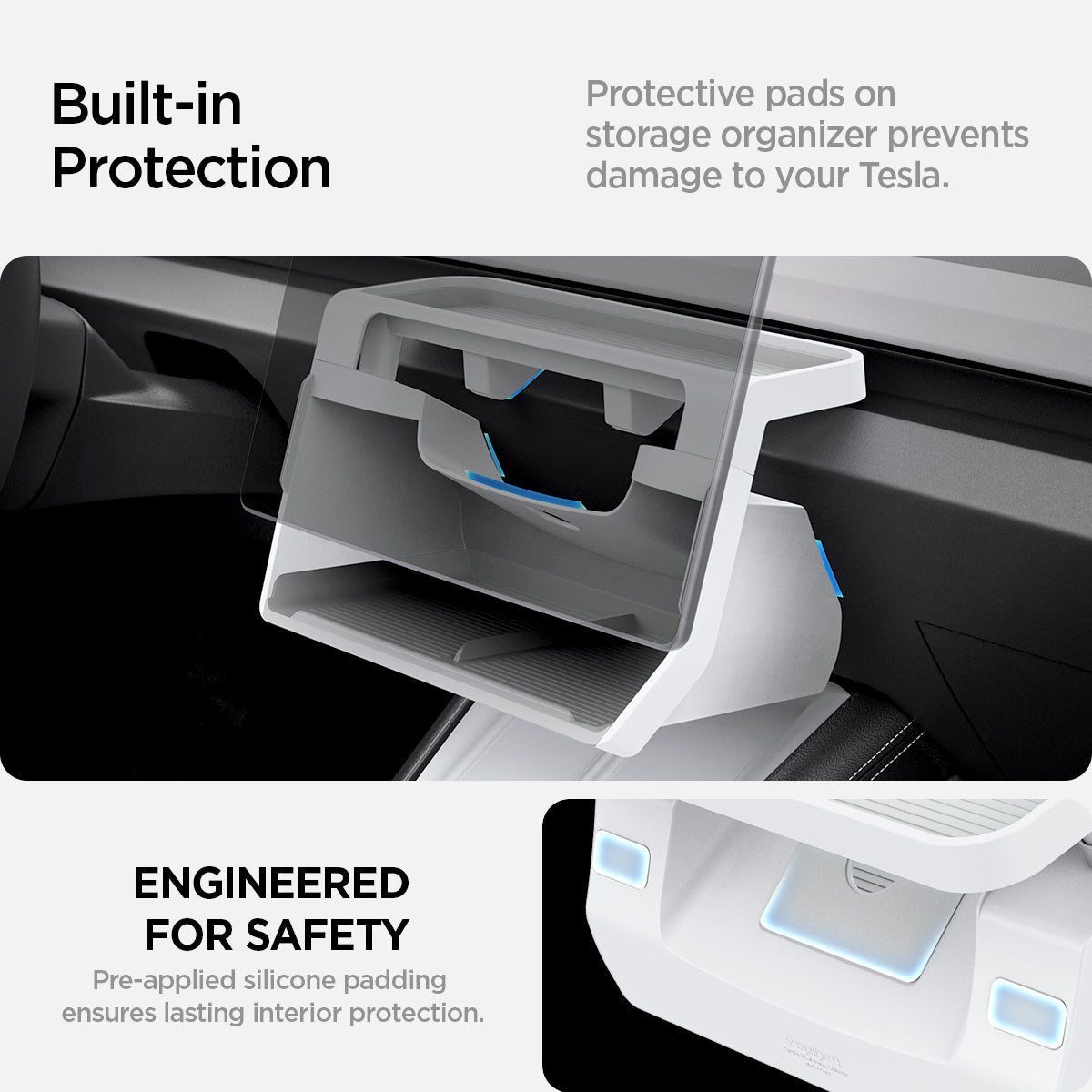 ACP11578 - Tesla Series - Under Screen Organizer | TO227H in White showing protective silicone pads placed at contact points on the storage organizer