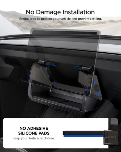 ACP11105 - Tesla Series - Under Screen Organizer | TO227JH showing no damage installation diagram with silicone pad contact points highlighted in blue on organizer brackets