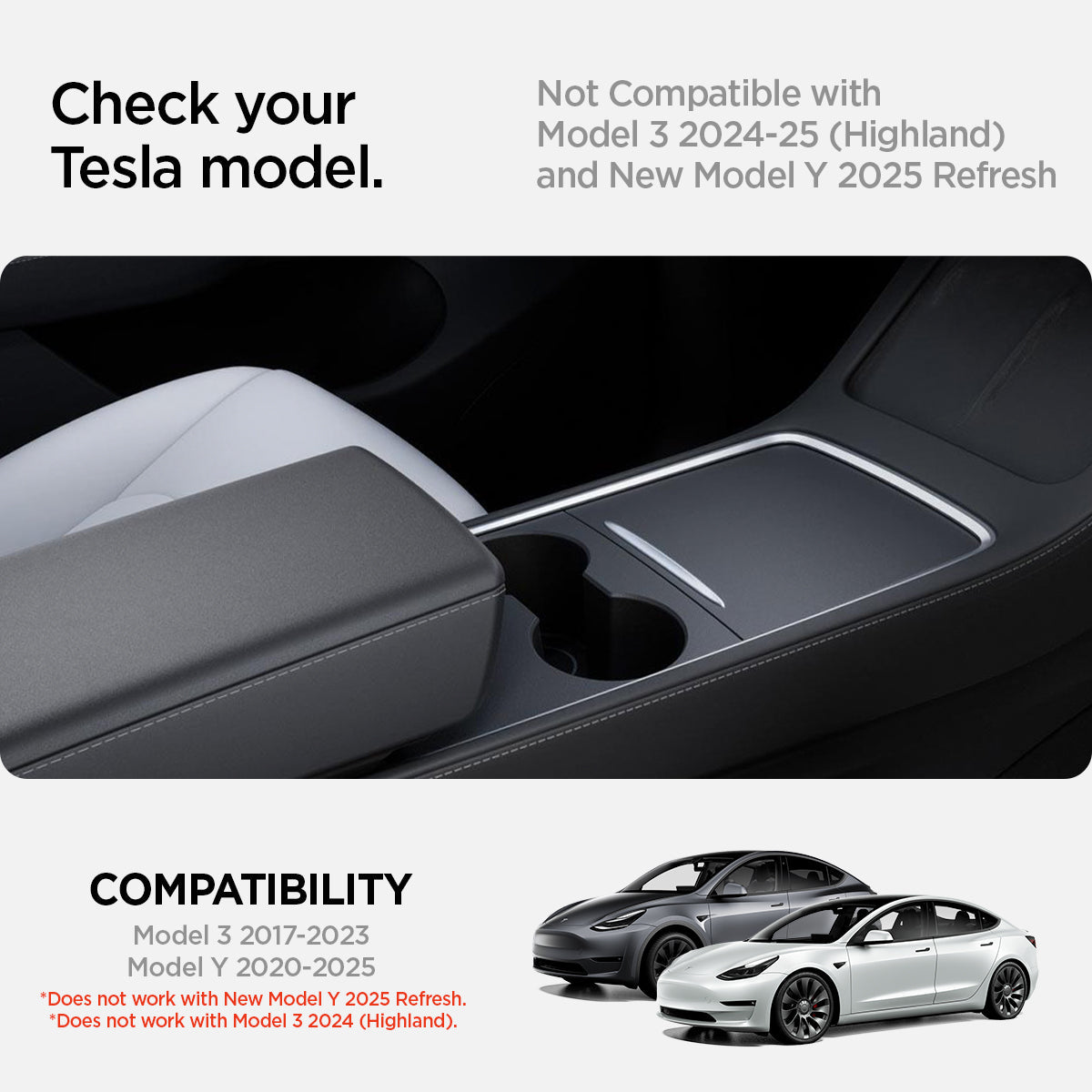 ACP06042 - Tesla Model 3 & Y Armrest Cover in black showing the compatibility with any generation of Tesla Model 3 and Y only, Compatibility on with Model 3 2021-2023, Model Y 2021-2025, does not work with Model 3 2024 (Highland) or Model Y 2025 (Refresh)