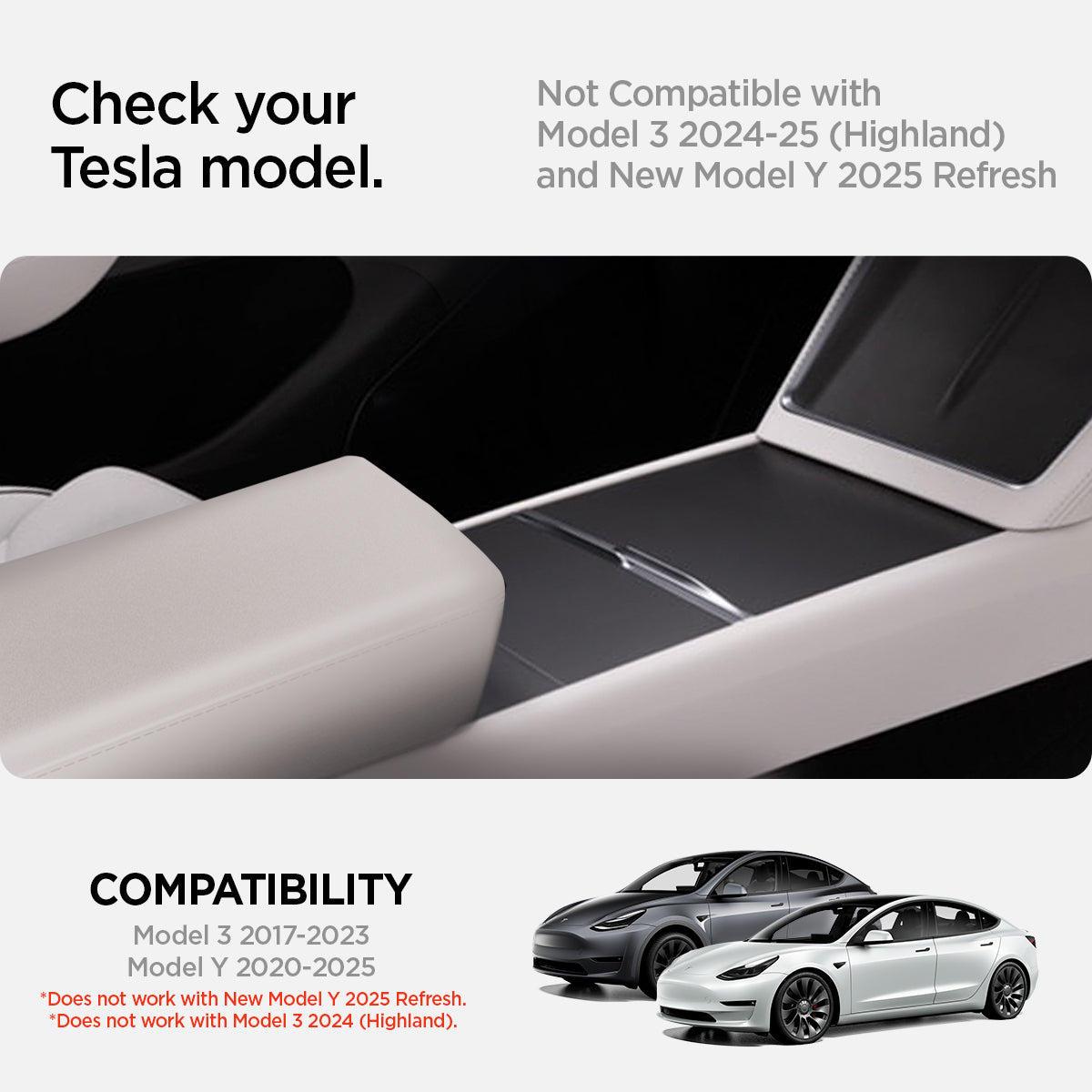 ACP12200 - Tesla Model Armrest Cover TO240H in Zen Gray showing compatible vehicle models and excluded models for the armrest cover.