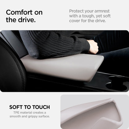 ACP12200 - Tesla Model Armrest Cover TO240H in Zen Gray showing an arm resting on the installed cover and a close-up of its smooth inner surface.