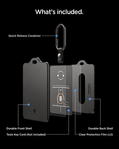 ACP07175 - Tesla key card holder exploded view showing included quick release carabiner durable front shell durable back shell and clear protection films with Tesla key card not included
