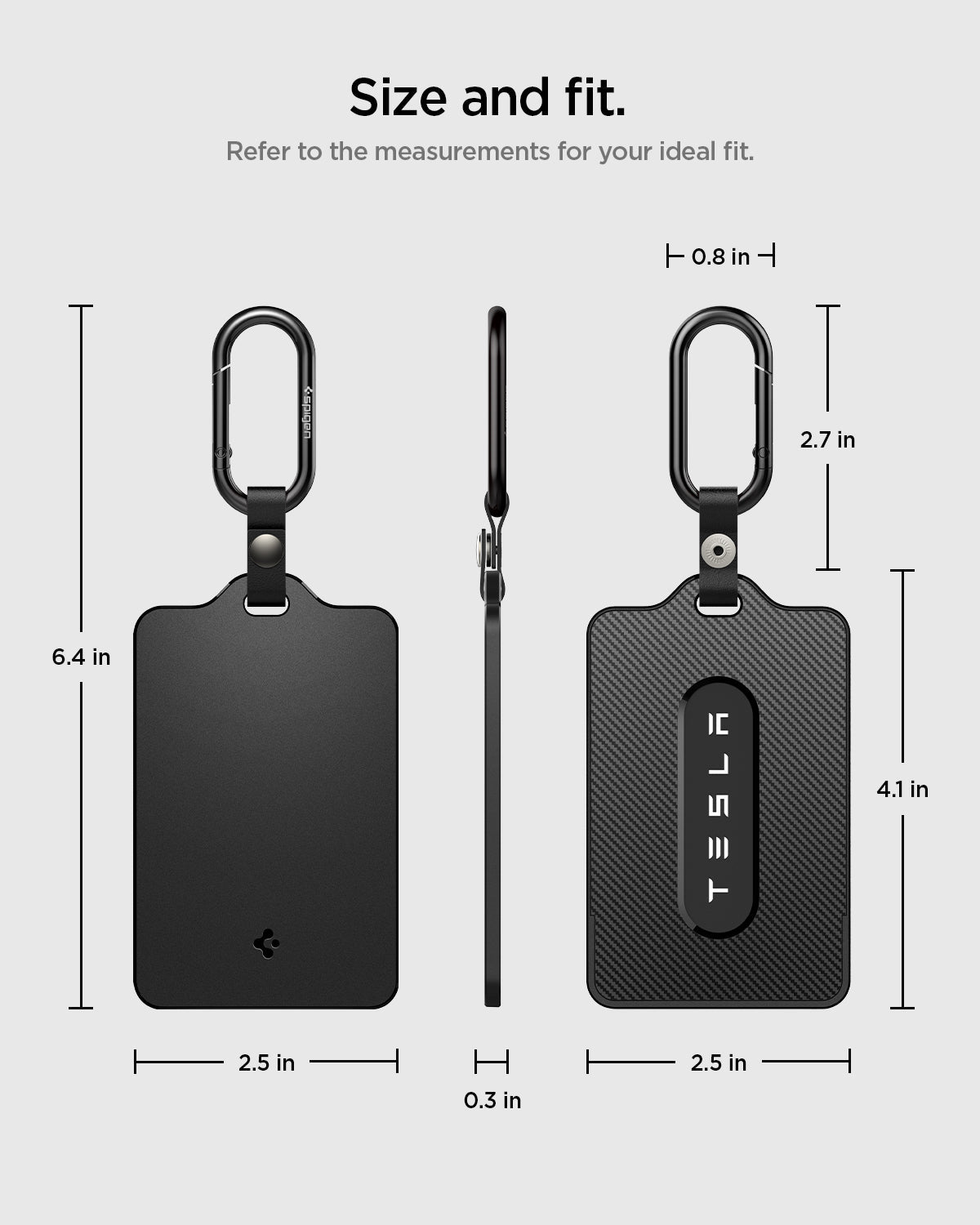 ACP07175 - Tesla key card holder size and fit diagram showing front side and profile with labeled dimensions for height width thickness and carabiner size