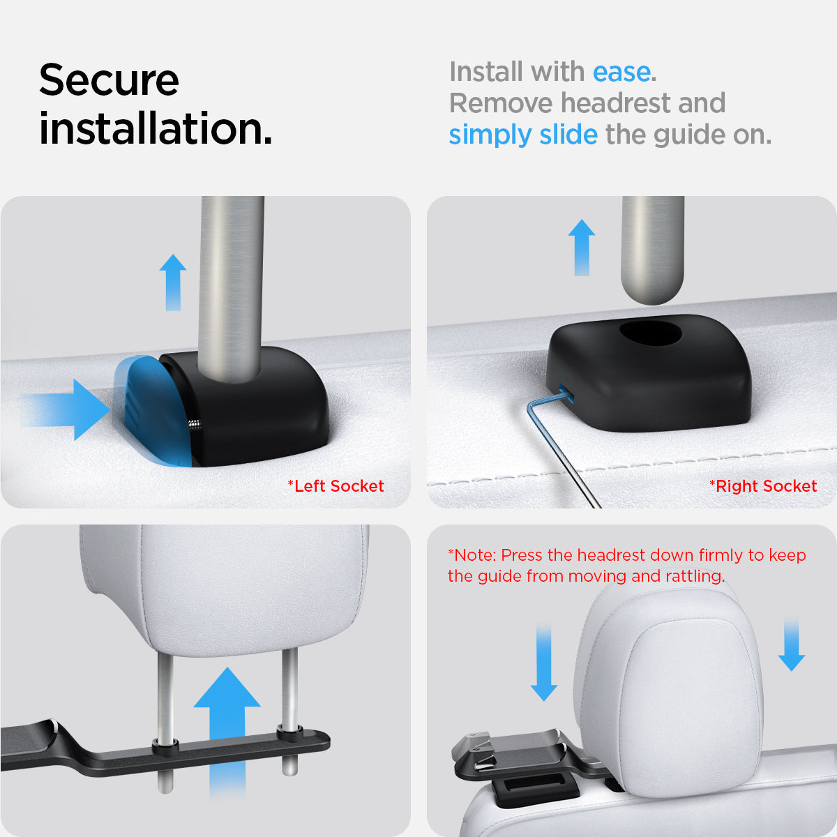 ACP06041 - Tesla Model Y Backseat Seatbelt Guide in black secure installation. Install with ease. Remove headrest and guide simply slide the guide on. Note : press the headrest down firmly to keep the guide from moving and ratting.
