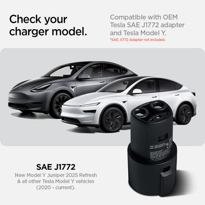 ACP08342 - Tesla Charging Adapter Door Dock TO252 in Black showing the check your charger model, compatible with OEM Tesla SAE J1772 adapter and tesla model Y. SAE J1772 adapter not included. SAE J1772 New model Y juniper 2025 refresh & all other tesla model Y vehicles.