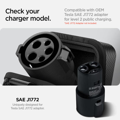 ACS09016 - Tesla SAE J1772 Charging Adapter Case TO254 in Black showing the check your charger model, compatible with EOM Tesla SAE J1772 adapter for level 2 public charging unique designed for Tesla SAE J1772 adapter