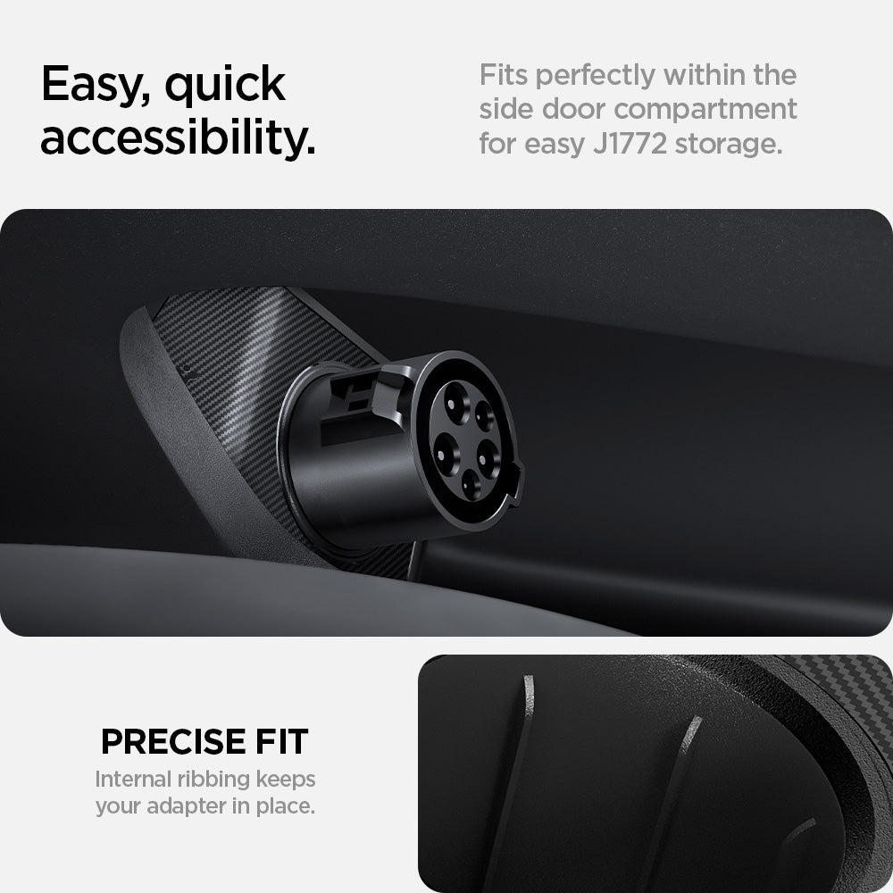 ACP09180 - Tesla Charging Adapter Door Dock TO255 in Black showing the easy, quick accessibility. Fits perfectly within the side door compartment for easy J1772 storage. Precise Fit, internal ribbing keeps your adapter in place