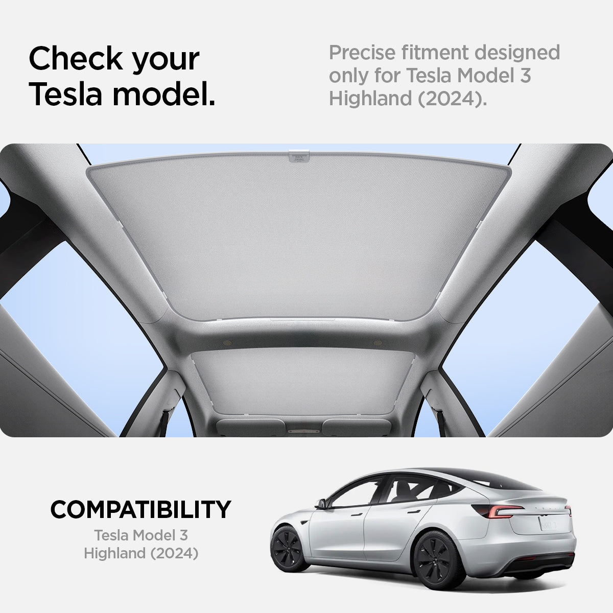 ACP08897 - Tesla Model 3 Highland CryoShade Sunroof | TO261H in Black showing the compatibility. Precise fitment designed only for Tesla Model 3 Highland (2024)