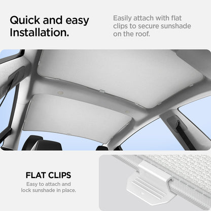 ACP08897 - Tesla Model 3 Highland CryoShade Sunroof | TO261H in Black showing the quick and easy installation. Easily attach with flat clips to secure sunshade on the roof. Easy to attach and lock sunshade in place