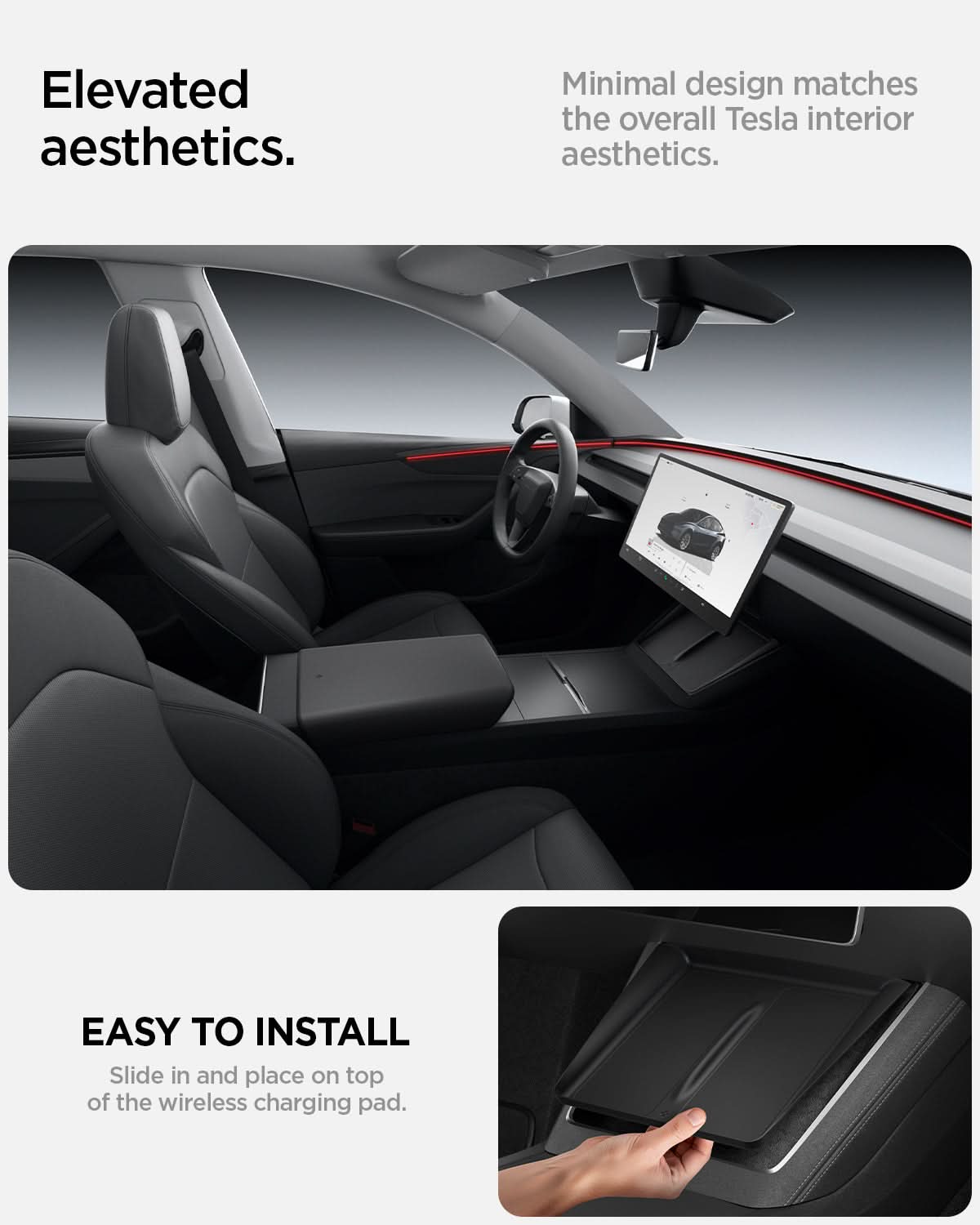ACP10031 - Model Y (2026) Wireless Charging Pad Cover | TO261JH in Black showing the elevated aesthetics. Minimal design matches the overall Tesla interior aesthetics. Easy to Install. Slide and place on top of the wireless charging pad