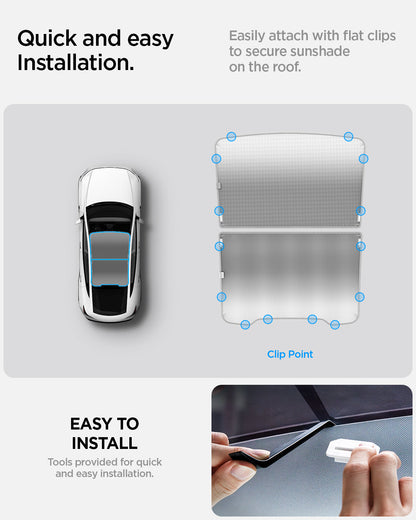 ACP09568 - Model Y (2025) CryoShade Sunroof in Gray showing the quick and easy installation. Easily attach with flat clips to secure sunshade on the roof. Tools provided for quick and easy installation.