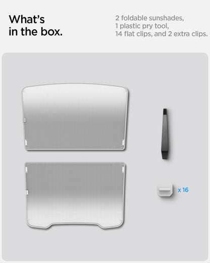 ACP09568 - Model Y (2025) CryoShade Sunroof in Gray showing what's in the box. 2 foldable sunshades, 1 plastic pry tool, 14 flat clips, and 2 extra clips