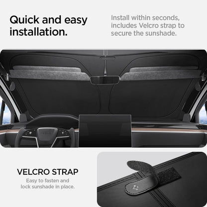 ACP09094 - Tesla Model X TO263 (2022-2025) Cryoshade in black quick and easy installation. install within seconds, includes Velcro strap to secure the sunshade. Velcro strap. easy to fasten and lock sunshade in place.