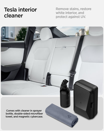 ACP08850 - Car Cleaning Kit | TO280 showing the tesla interior cleaner. Remove stains, restore white interior, and protect against UV. Comes with a cleaner in sprayer bottle, double-sided microfiber towel, and magnetic cybercase
