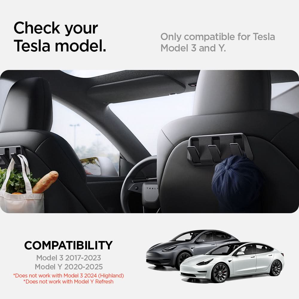 ACP09201 - Tesla Model 3 (2017-2023) Car Seat Hook TO283 in Black showing the compatibility. Only compatible for Tesla Model 3 and Y. Compatible with Model 3 2017-2023, Model Y 2020-2025