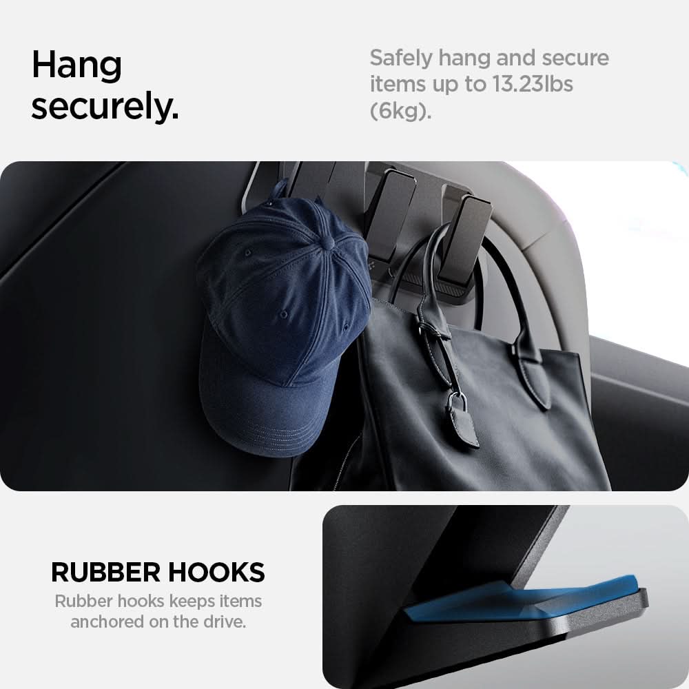 ACP09201 - Tesla Model 3 (2017-2023) Car Seat Hook TO283 in Black showing the safely hang and secure items up to 13.23 lbs (6kg) Rubber Hooks rubber hooks keeps items anchored on the drive
