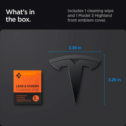 ACP08547 - Tesla Model 3 Highland Front Emblem Logo Cover TO321H in Black showing what's in the box, includes 1 cleaning wipe and 1 model 3 highland front emblem cover w=3.39 in x h=3.26 in