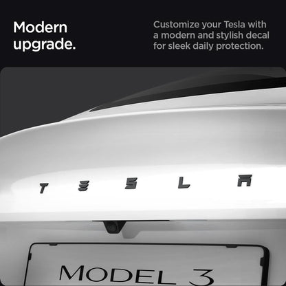 ACP08549 - Tesla Model 3 Highland Rear Emblem Logo Cover TO322H in Black showing the modern upgrade, customize your Tesla with a modern and stylish decal for sleek daily protection