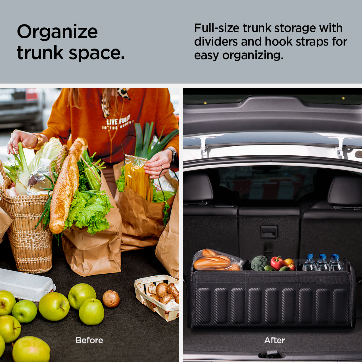 ACP08855 - Trunk Organizer TSO100 in Black showing the how it organize trunk space, full-size trunk storage with dividers and hook straps for easy organizing