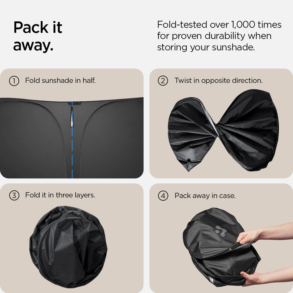 ACP09109 - RAV4 CryoShade TYO260 in Black showing the fold-test. Fold-tested over 1,000 times for proven durability when storing your sunshade 1. Fold sunshade in half 2. Twist in opposite direction 3. Fold in three layers 4. Pack away in case