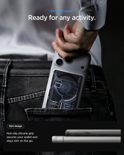 AFA11304 - Ultra Hybrid MagFit card wallet transparent black on phone sliding into back pocket showing slim profile non slip silicone grip and everyday carry readiness