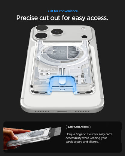 AFA11305 - Ultra Hybrid MagFit card wallet transparent white mounted on phone showing precise finger cutout design for easy card access while keeping cards secure and aligned