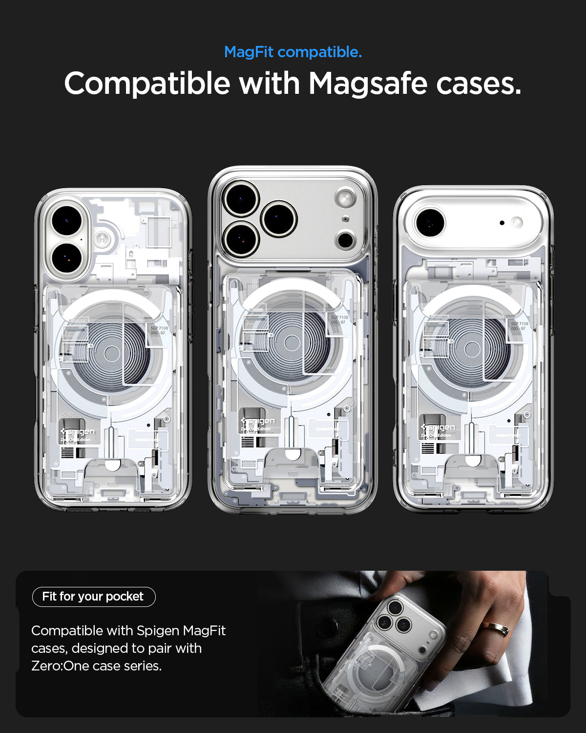 AFA11305 - Ultra Hybrid MagFit card wallet transparent white shown on multiple iPhone models highlighting MagSafe compatibility slim fit and pocket friendly everyday carry design