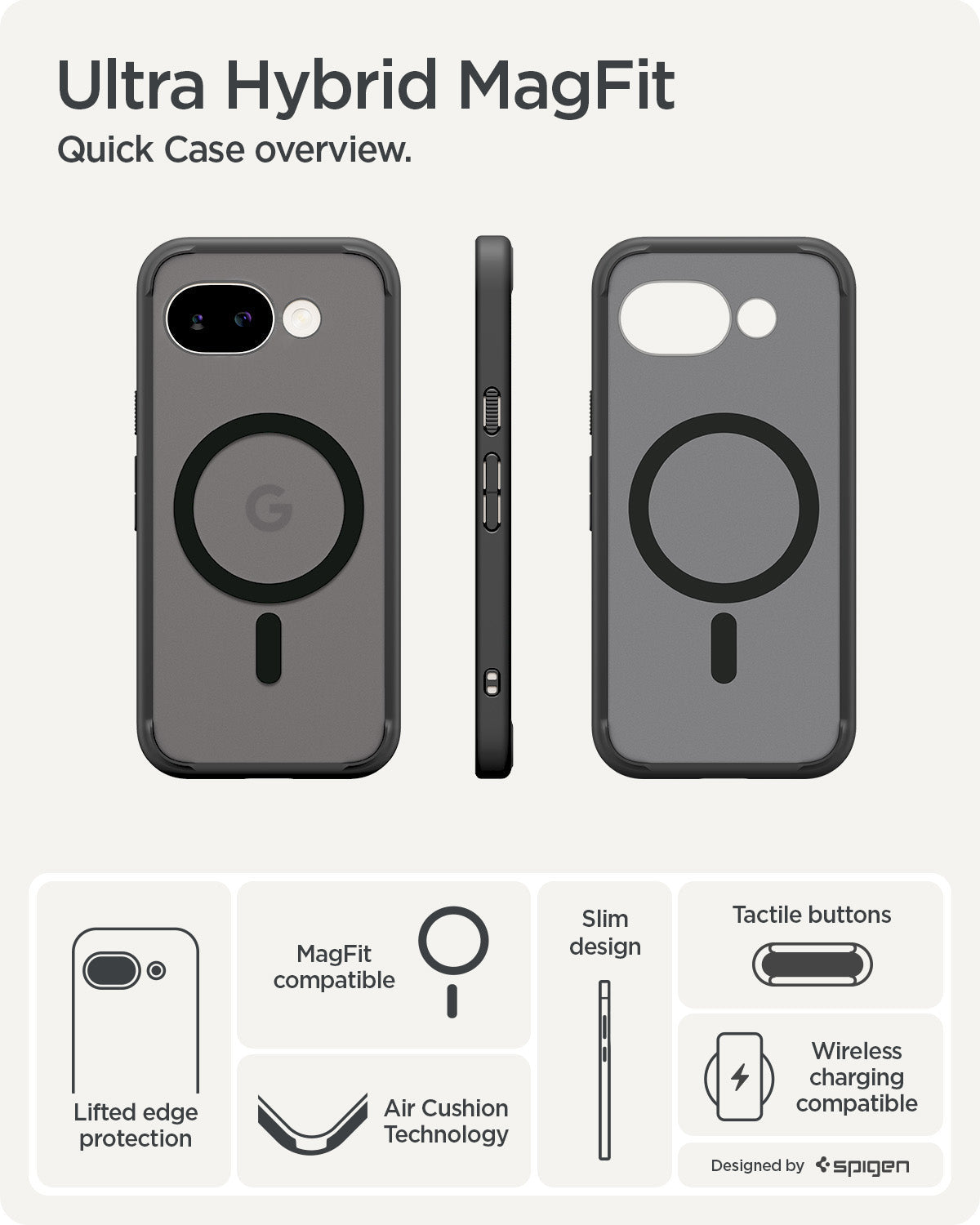 ACS11278 - Pixel 10a Ultra Hybrid Metal Ring (Mag Fit) in Frost Black showing ultra hybrid magfit. quick case overview