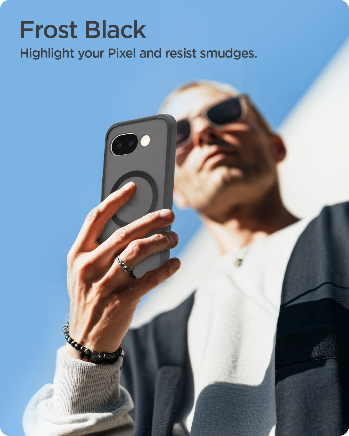 ACS11278 - Pixel 10a Ultra Hybrid Metal Ring (Mag Fit) in Frost Black showing crystal clarity shows pixel's original design
