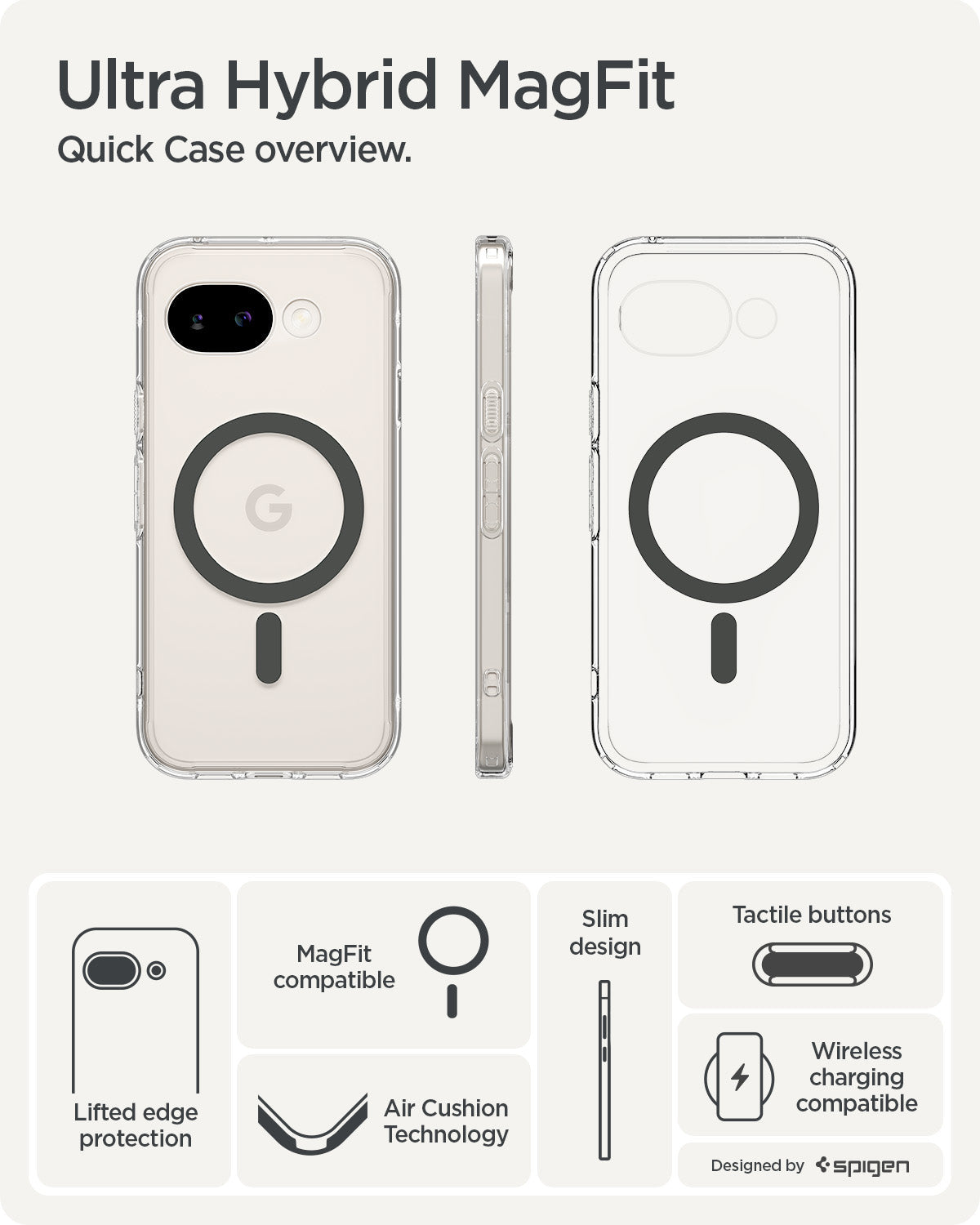 ACS11277 - Pixel 10a Ultra Hybrid Metal Ring (Mag Fit) in Clear Graphite showing ultra hybrid magfit. quick case overview
