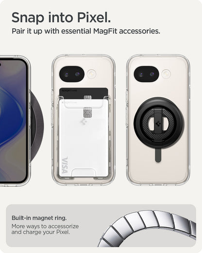 ACS11277 - Pixel 10a Ultra Hybrid Metal Ring (Mag Fit) in Clear Graphite showing snap into pixel. pair it up with essential magfit accessories