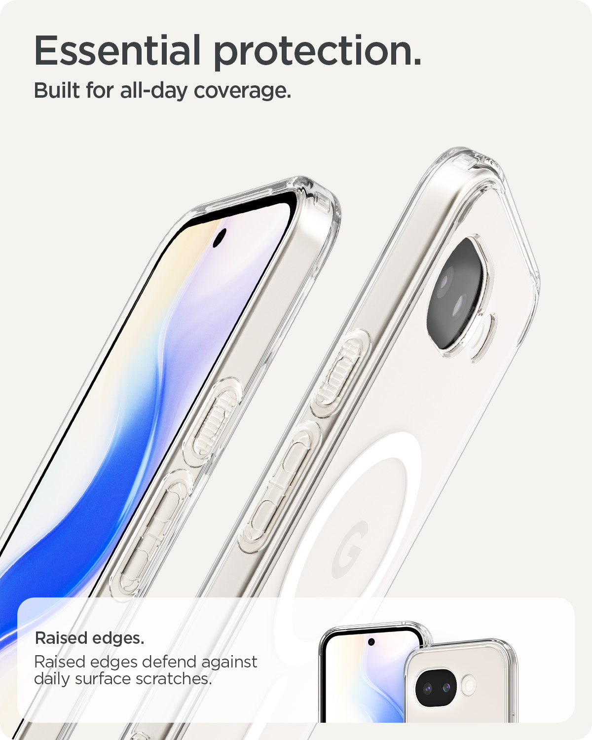 ACS11276 - Pixel 10a Ultra Hybrid Metal Ring (Mag Fit) in Clear White showing essential protection. built for all day coverage