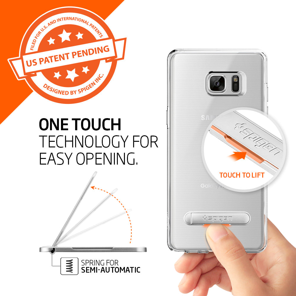 000EM21073 - U100 Universal Kickstand (Metal) in rose gold showing the One Touch Technology for easy opening. Touch to lift. Spring for semi-automatic