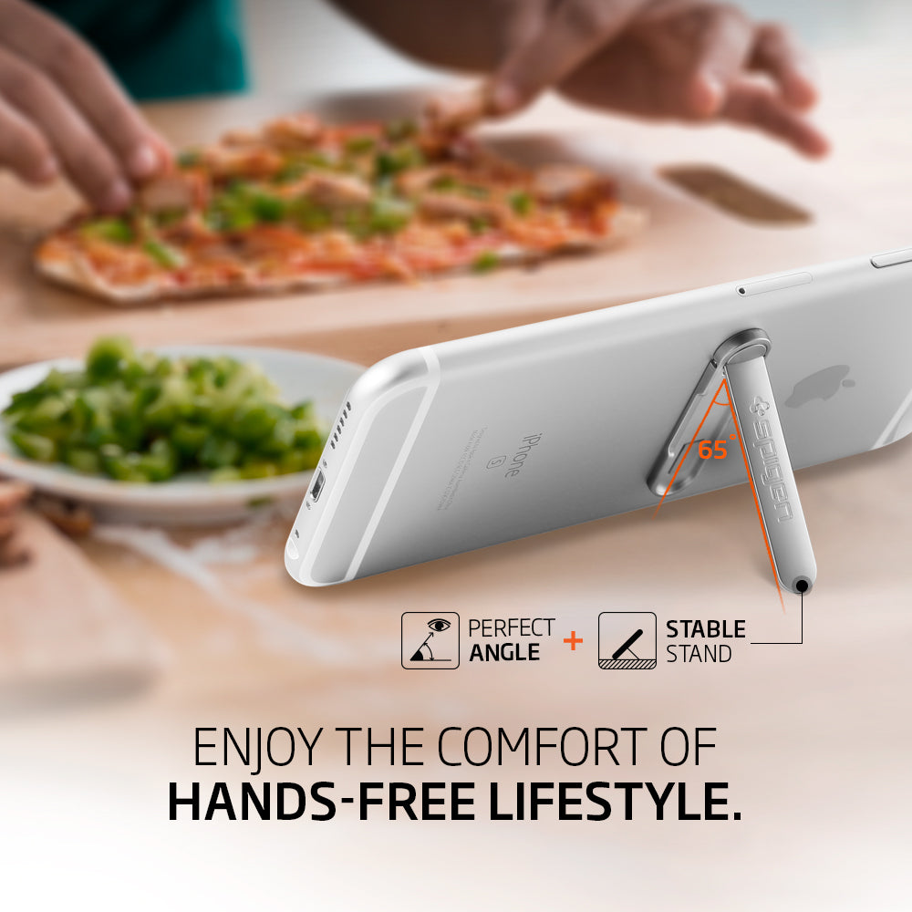 000EM20634 - U100 Universal Kickstand (Metal) in silver showing the perfect angle + stable stand. Enjoy the comfort of hands-free lifestyle