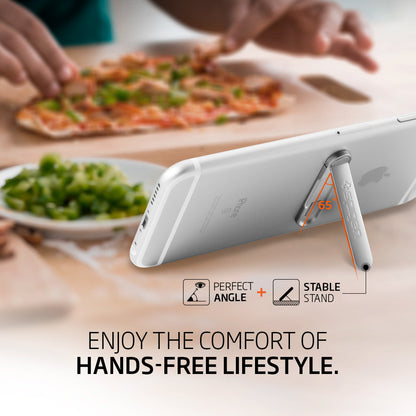 000EM20634 - U100 Universal Kickstand (Metal) in silver showing the perfect angle + stable stand. Enjoy the comfort of hands-free lifestyle