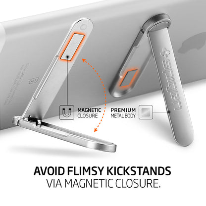 000EM20860 - U100 Universal Kickstand (Metal) in gunmetal showing the magnetic closure and premium metal body. Avoid flimsy kickstands via magnetic closure