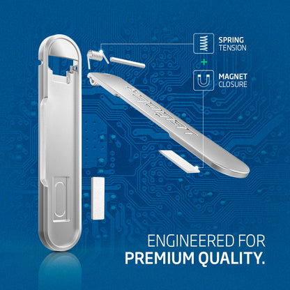 000EM20634 - U100 Universal Kickstand (Metal) in silver showing the parts of the magnetic kickstand. Spring tension + magnet closure. Engineered for premium quality