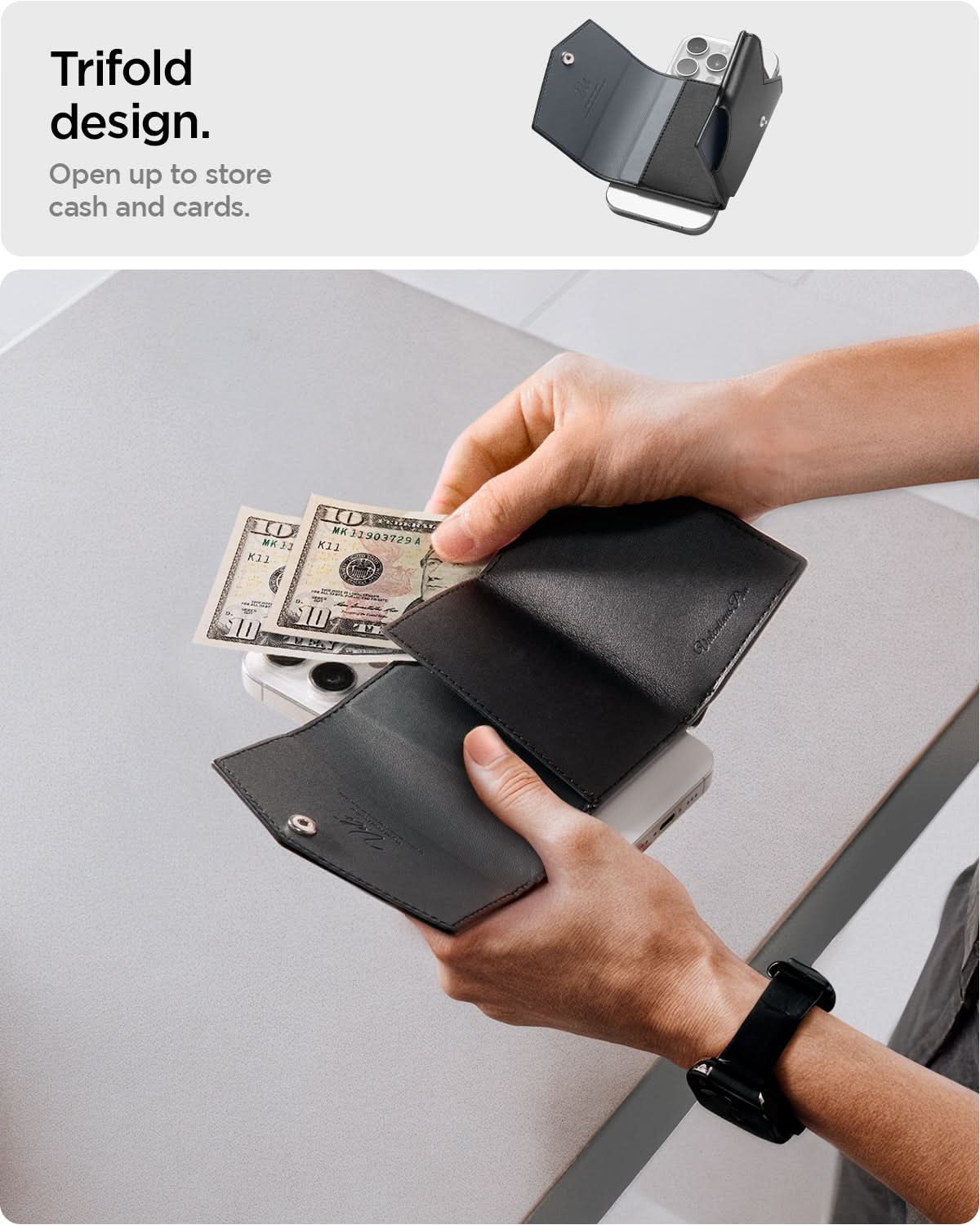 AFA09442 - MagSafe Card Holder Valentinus Pro | 3 Cards in Black showing the trifold design. Open up to store cash and cards