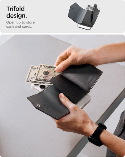 AFA09442 - MagSafe Card Holder Valentinus Pro | 3 Cards in Black showing the trifold design. Open up to store cash and cards