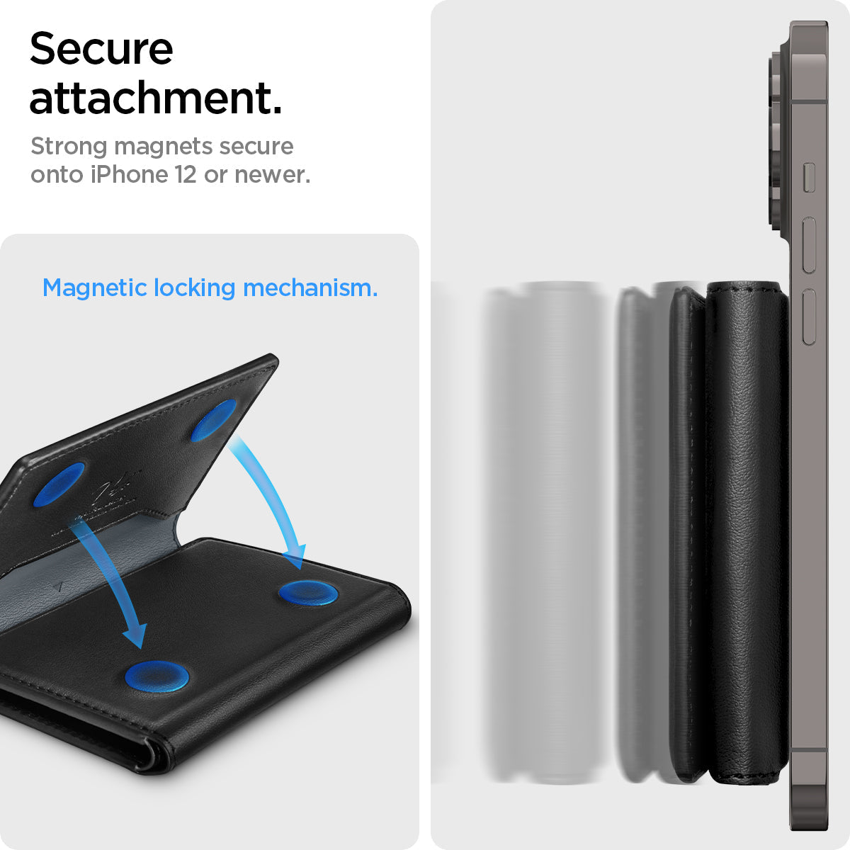 AFA09133 - MagSafe Card Holder Valentinus S (MagFit) in Black showing the secure attachment. Strong magnets secure onto iPhone 12 or newer. It has magnetic locking mechanism