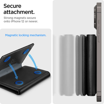 AFA09133 - MagSafe Card Holder Valentinus S (MagFit) in Black showing the secure attachment. Strong magnets secure onto iPhone 12 or newer. It has magnetic locking mechanism