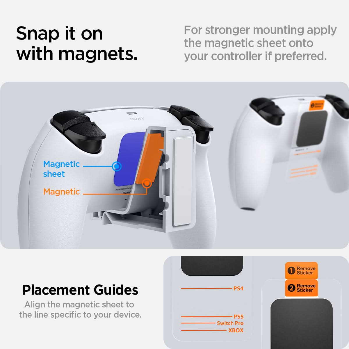 AMP06397 - PlayStation 5 Controller Mount | VG300 in White showing the placement guides. Align the magnetic sheet to the line specific to your device. Snap it on with magnets. For stronger mounting, apply the magnetic sheet onto your controller if preferred